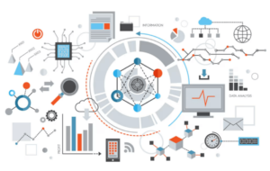 This image represents a colorful infographic detailing various elements of data analysis and technology, featuring icons such as a microchip, cloud computing, graphs, and connectivity networks