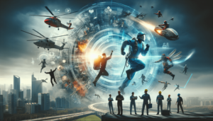 A futuristic scene depicting various safety training scenarios with workers using advanced technology and VR simulations, including helicopter rescues and high-rise operations
