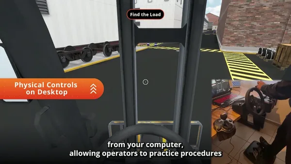 The same forklift exercise running side by side on a desktop PC and in a VR headset