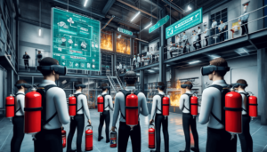 Trainees wearing VR headsets participate in a simulated fire safety exercise in a virtual industrial plant, practicing evacuation and fire extinguishing techniques