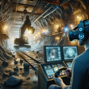 A scene depicting a virtual reality mining training session. The setting is underground in a simulated mine environmen