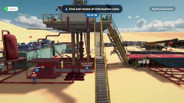 First-person view of a drilling rig walkthrough rendered in VR