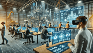 Professionals in an industrial setting use VR headsets to engage with digital simulations on large screens for workplace safety training
