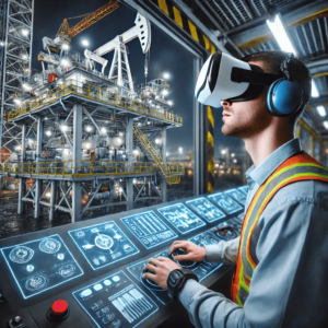 A worker in safety gear engages with a virtual reality simulation of an oil rig operation, highlighting the immersive training environment in the oil and gas industry